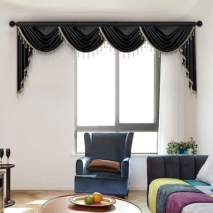 ELKCA Luxury Black Velvet Curtain Valances for Living Room with Beads(110inch,1 Panel) - color: Black, size: 110"W x 43"L (Pack of 1)