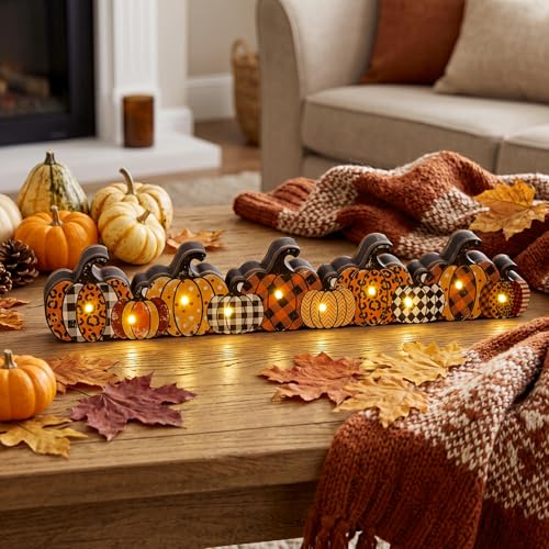 Yousoontic Fall Pumpkin Decor, LED Lighted Fall Table Centerpieces, Retro Plaid Leopard Wooden Pumpkin Sign Decorations 3D Block Farmhouse Decor for Autumn Harvest Thanksgiving Home Mantel Party - style: Plaid Pumpkin