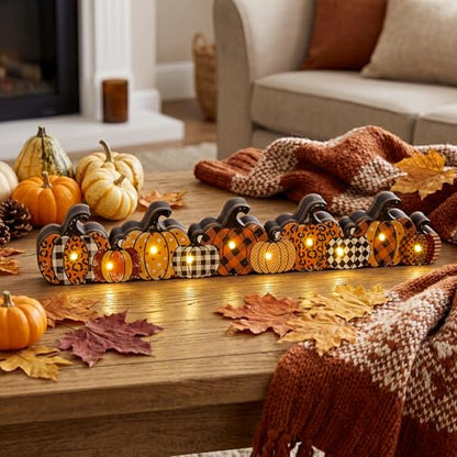 Yousoontic Fall Pumpkin Decor, LED Lighted Fall Table Centerpieces, Retro Plaid Leopard Wooden Pumpkin Sign Decorations 3D Block Farmhouse Decor for Autumn Harvest Thanksgiving Home Mantel Party - style: Plaid Pumpkin