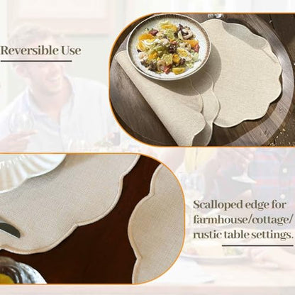 AHHFSMEI Round Scalloped Placemats Set of 6 15 Inch Faux Linen - color: Beige