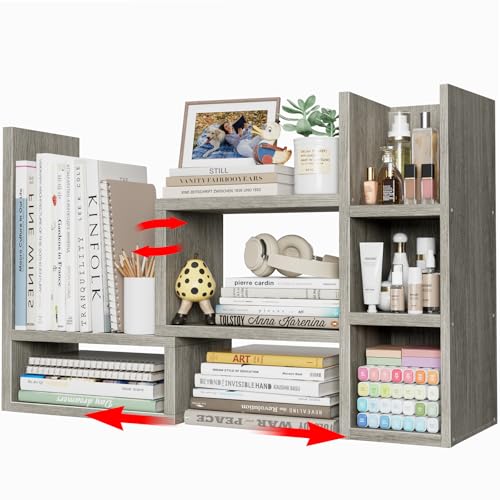 NUTIKAS Desk Shelves Desktop Organizer Shlef - Grey Office Organization for Top of Desk Organizers and Accessories Corner Bookshelf Table Top Shelving Small Hutch Decorations for Office - color: Grey