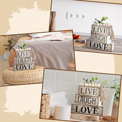Yuntau 5 Pcs Rustic Farmhouse Table Decor Stacked Wooden Block Sign - style: Love