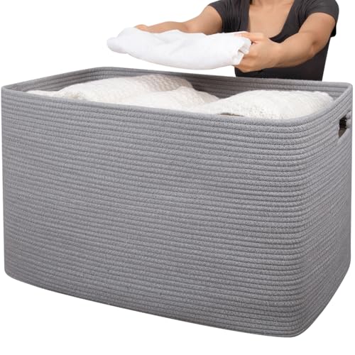 OIAHOMY 118L XXXLarge Rope Storage Basket, Oversized Blanket Basket Grey - color: Grey