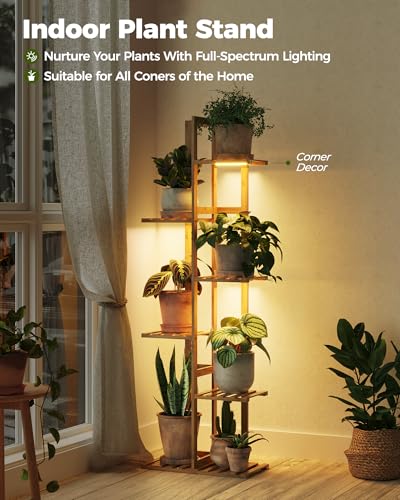 Bamworld Bamboo Plant Stand with Grow Light, 6 Tiered Plant Shelf 48 Inch - color: Natural 6Tiered Pro