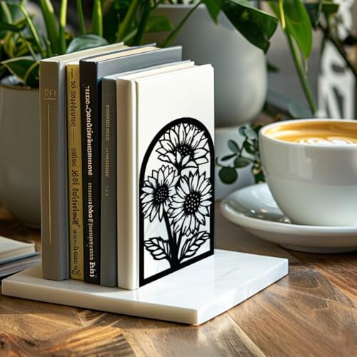 Peacoblue 5.3"x4.3"x7.9" Metal Bookends, Heavy Duty Book Ends for Shelves - style: Sunflowers