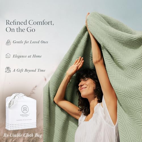 Threadmill Luxury 100% Cotton Queen Herringbone Blanket, Sage Green - color: Sage Green, size: Queen (90" x 92")