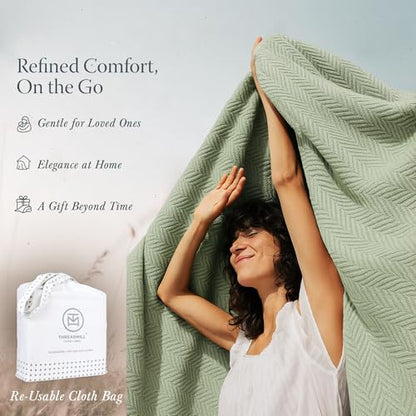 Threadmill Luxury 100% Cotton Twin Herringbone Blanket, Sage Green - color: Sage Green, size: Twin (68" x 92")