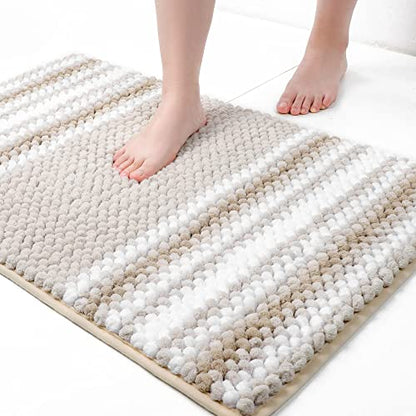 PiccoCasa Chenille Striped Bathroom Rug, Non Slip 20x32 Khaki & White - color: Khaki & White, size: 1'8" x 2'8" (Rectangular)