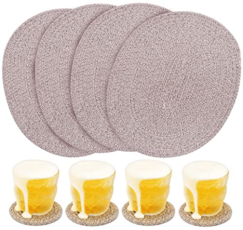 4 Pack Oval Woven Placemats, Mix Brown Cotton Plate Chargers with 4 Pack Round Coasters, Thick Heat Insulation Mats Household Table Mats Braided Bowl Mats Fabric Rustic Placemats for Dining - color: Mixed Brown, size: Oval Set of 4