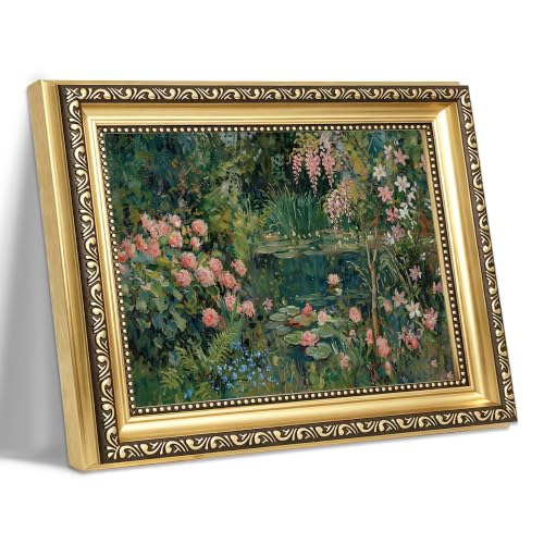 Vintage Floral Landscape Framed Wall Art Impressionist Water Lily Pond Canvas Print Antique Flower Oil Painting Luxury Gold Frame for Living Room Bedroom Kitchen Home Office Gallery Wall Decor Gift for Art Lovers Friends New Homeowners - color: Retro Flor