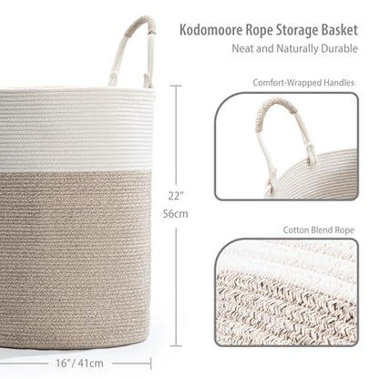 Laundry Hamper Basket, Woven Cotton Rope Blanket Basket, Nursery Storage - color: White & Brown, size: 16"D x 22"H