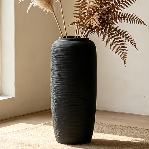 Black Rustic Ceramic Floor Vase, 15.7 Inch, Ribbed Texture - size: 15.7 Inch