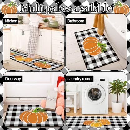 Fourluoo 3 Pcs Fall Pumpkin Kitchen Rugs and Mats Buffalo Plaid - color: Pumpkin