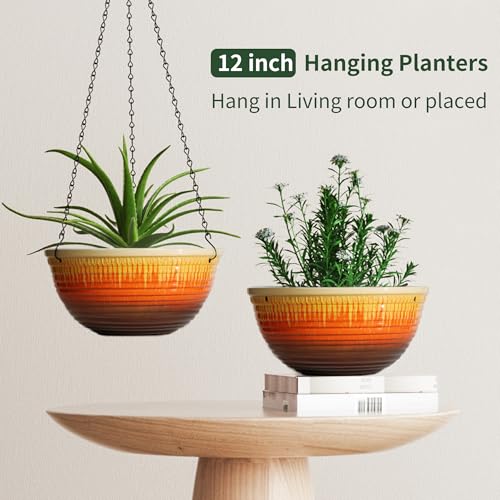 12 inch Large Hanging Planters with Drainage Hole, 2 Pack - color: Orange Glaze, size: 12 Inch