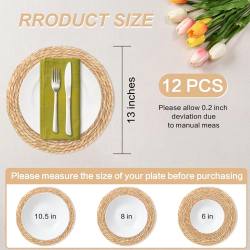 Round Woven Placemats Set of 12，13 Inch Natural Rattan Placemats Hand-Woven Water Hyacinth Placemat Farmhouse Rustic Braided Boho Wicker Table Mats for Christmas Dining Table Wedding Home (13 Inch) - size: 13