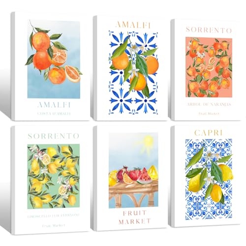 Baccone Fruit Wall Art Kitchen Artwork Wall Decor Fruit Market Prints Poster Colorful Lemon Canvas Wall Art Vintage Pictures Lemon Orange Prints Set of 6 for Room Bedroom 12x16 Inch Ready to Hang - color: Fruit Prints, size: 12x16 Inch Wrapped Canvas