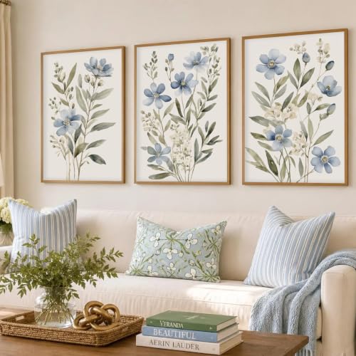 Beayum Blue Wildflower Watercolor Canvas Wall Art, Unframed, Set of 3 - color: Blue Wildflower Prints, size: 16"L x 12"W Unframed