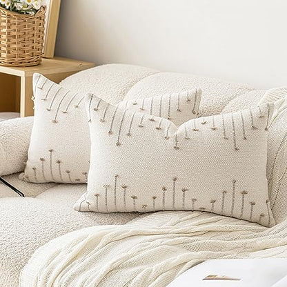 LILEPOY Boho Throw Pillow Covers 12x20 Farmhouse Lumbar Couch Pillow case - color: Beige and Khaki, size: 20" x 12" (Pack of 2)