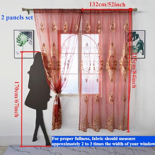 Amidoudou Rod Pocket Curtains European Luxury Sheer Embroidered Curtains for Living Room Bedroom (Red,52" W x 84" L (Pack of 2)) - color: Red, size: 52"W x 84"L (Pack of 2)