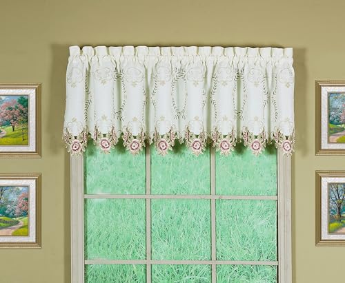 Today's Curtain Verona Reverse Embroidery Tailored Valance, 18", Ecru/Rose, 70" W X 18" L - color: Ecru/Rose, size: 70"W x 18"L (Pack of 1)