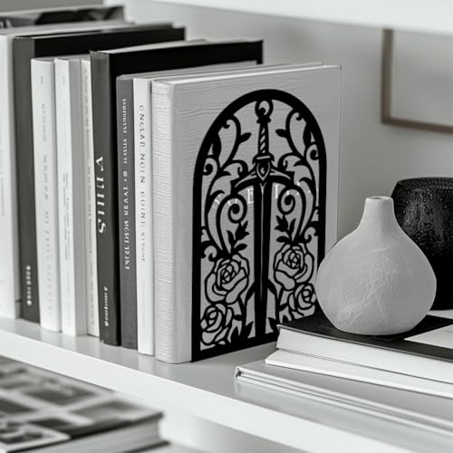 Peacoblue 5.3"x4.3"x7.9" Metal Bookends, Heavy Duty Book Ends for Shelves - style: Sword with Vine and Rose