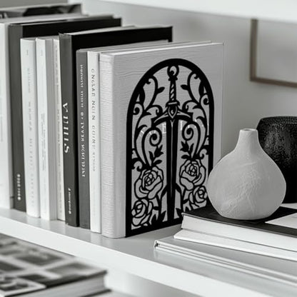 Peacoblue 5.3"x4.3"x7.9" Metal Bookends, Heavy Duty Book Ends for Shelves - style: Sword with Vine and Rose