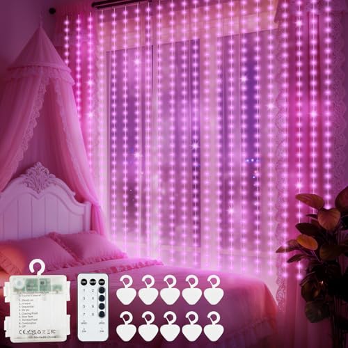 echosari Curtain Lights Battery Operated 9.8 x 9.8Ft with Timer Pink | 300 LED Fairy Lights with Hooks for Bedroom Wedding Backdrop Indoor Decor - color: Pink, size: 9.8 × 9.8 ft