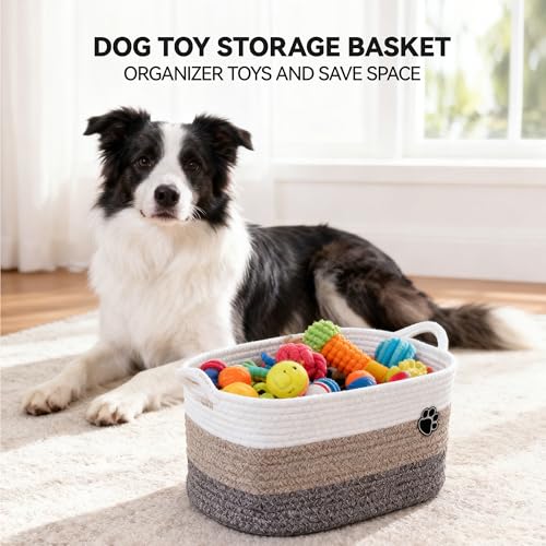 3Pack Storage Basket Set (S/M/L), Rope Basket with Handles, Machine Washable, Dog Toy Bin for Pet Toy Storage, Toys Nursery, Home Storage, White, Brown