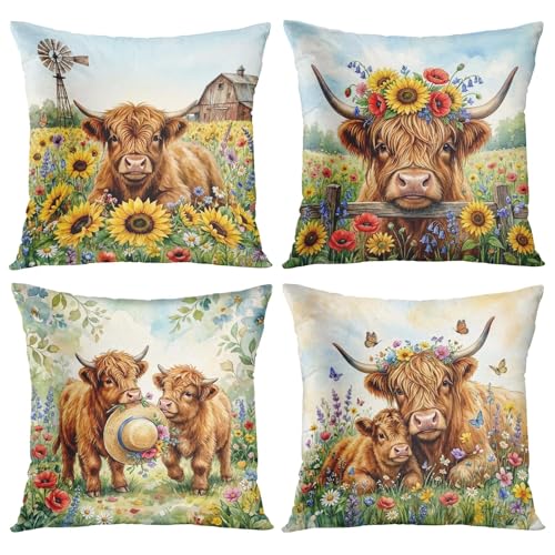 Throw Pillow Covers, Rustic Floral, Set of 4, 18"x18" - color: Highland Cow 3