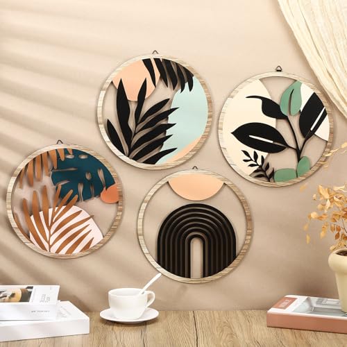 Qunclay 4 Pcs Boho Wall Art Bohemian Wood Round Circle Wall Decor Elegant - style: Elegant