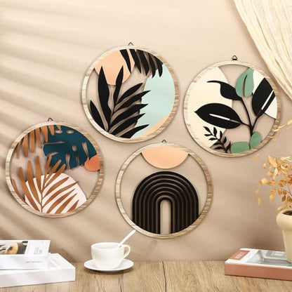 Qunclay 4 Pcs Boho Wall Art Bohemian Wood Round Circle Wall Decor Elegant - style: Elegant