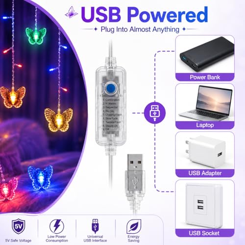 Butterfly Curtain Fairy Lights USB Plug in,8 Modes 120 LED 20FT Firefly Twinkle Timer String Lights with Remote, Waterproof for Bedroom Christmas Wedding Party (Multicolor) - color: Multicolor
