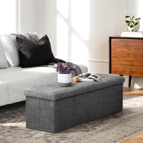 Athena Collection 43" Storage Ottoman Bench Folding Bench with 130L Hidden Storage, Large End of Bed Bench Linen Foot Rest Stool Chest with Flipping Lid for Living Room, Bedroom, Entryway, Dark Gray - color: Dark Gray, style: 43" Linen