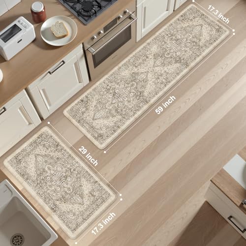 KIMODE Anti Fatigue Kitchen Mats 17"x59"+17"x29",Boho Kitchen Rugs Set of 2 - color: Khaki/Multi, size: 59"L x 17.3"W x 0.47"Th + 29"L x 17.3"W x 0.47"Th