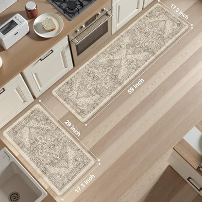 KIMODE Anti Fatigue Kitchen Mats 17"x59"+17"x29",Boho Kitchen Rugs Set of 2 - color: Khaki/Multi, size: 59"L x 17.3"W x 0.47"Th + 29"L x 17.3"W x 0.47"Th