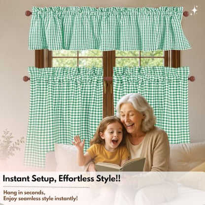 Native Fab Gingham Buffalo Check 3 Piece Window Curtain Tiers 26"x36" and Valance 54"x18" Set - Rod Pocket - Semi Sheer - Short Curtain for Kitchen, Cafe, Living Room - Lemon Green White - color: Lemon Green