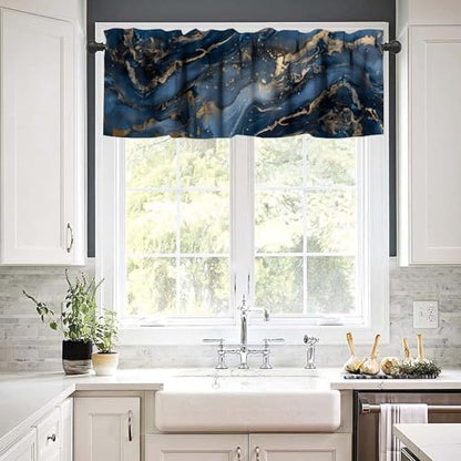 Navy Blue Marble Valance, Luxury Abstract Dark Blue Golden Veins Texture Blackout Short Window Drape Treatment for Kitchen Cafe Bedroom Living Room, 54x18inch - color: Marble-18