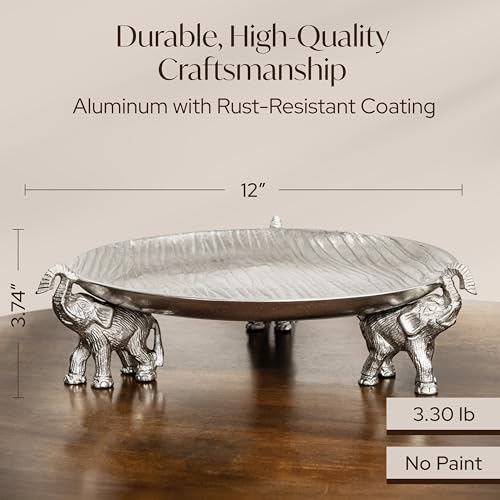 Silvery Tray with Elephant Stand - Round Decorative Aluminum Coffee Table - color: Silvery