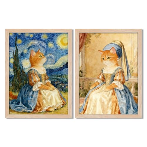 Leaf&Lre Framed Cat Wall Art Canvas Print, Funny Cat Painting Inspired by Classic Art, Solid Wood Frame with Acrylic Cover, Vintage Style Animal Wall Art for Living Room Bedroom Office8x10IN - color: Cat with a Pearl Earring, size: 8x10Inch