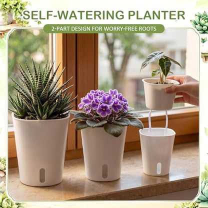 Ziliny 18 Pcs Self Watering Pots Plastic Plant 3 Sizes Flower Plant Pot with Inner White Flower Pots for Indoor House Plants Plastic Self Watering Pot for Herbs Flowers (S,M,L) - size: S,M,L