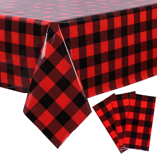 Kesfey Red and Black Gingham Tablecloth Christmas Party Table Cover 3 Packs - color: Red and Black