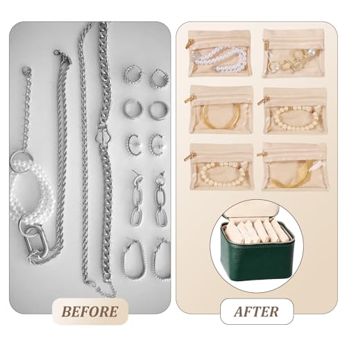 Travel Jewelry Case with 6 Velvet Zipped Pouches Bags, Dark Green - color: Dark Green - 6 Pouch