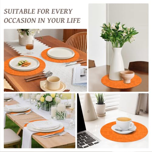 13" Round Placemats Set of 6, Reversible Faux Leather Wipeable Table Mats - color: Orange