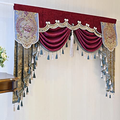 Luxury Burgundy Waterfall Valance Curtain, Floral Embroidered Swag Valance - size: 98"W x 47"L (Pack of 1)