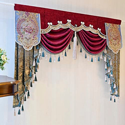 Luxury Burgundy Waterfall Valance Curtain, Floral Embroidered Swag Valance - size: 98"W x 47"L (Pack of 1)