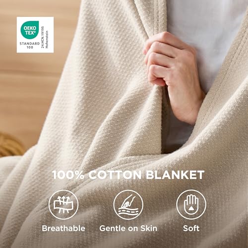 Bedsure 100% Cotton Blanket, Herringbone Weave, Oversized King, Linen Beige - color: 01 - Linen Beige, size: Oversized King