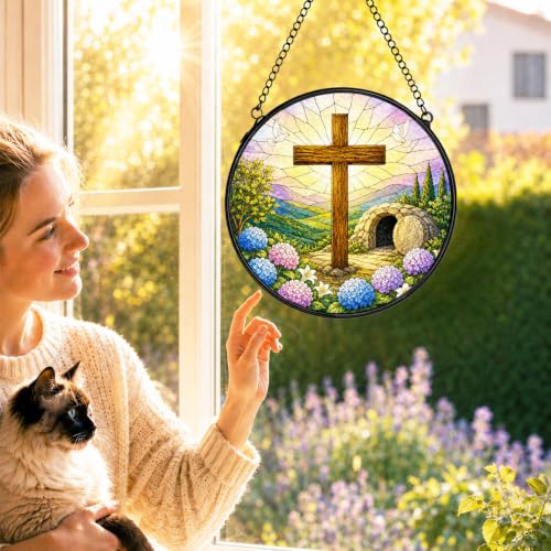 Cross Christian Stained Glass Window Hanging Decorations 7.9x7.9 - color: Crucifix-3