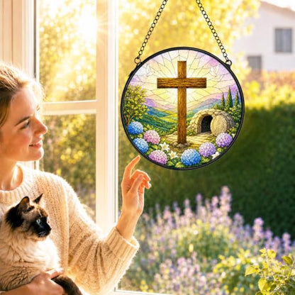 Cross Christian Stained Glass Window Hanging Decorations 7.9x7.9 - color: Crucifix-3