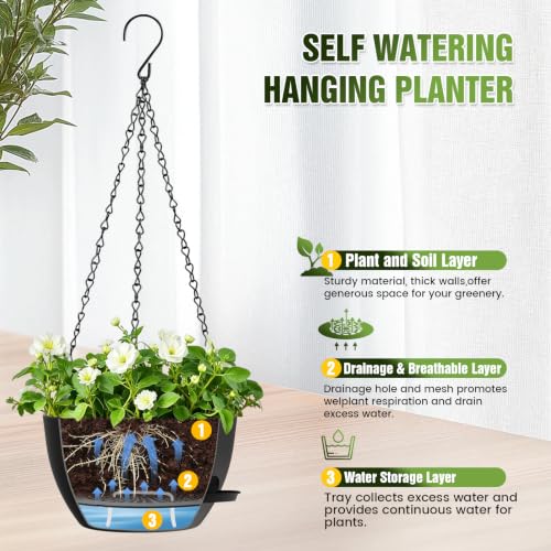 8 Inch Self Watering Hanging Planters Set of 3 with Saucers - color: Black, size: 8 Inch 3 Pack