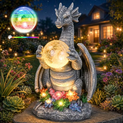 Solar Dragon Garden Statues Outdoor Decor, Resin Pterosaur Figurine Decoration with Glass Ball Lantern, Cute Sculpture for Patio, Yard, Lawn, Perfect Garden Gift for Women Mom Grandma